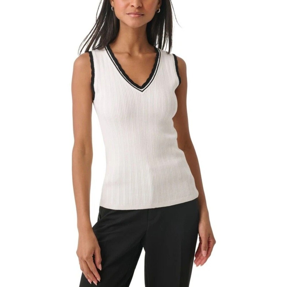 Karl Lagerfeld Paris Lace-Trim Sweater Tank Top XL Womens White Ribbed Classic